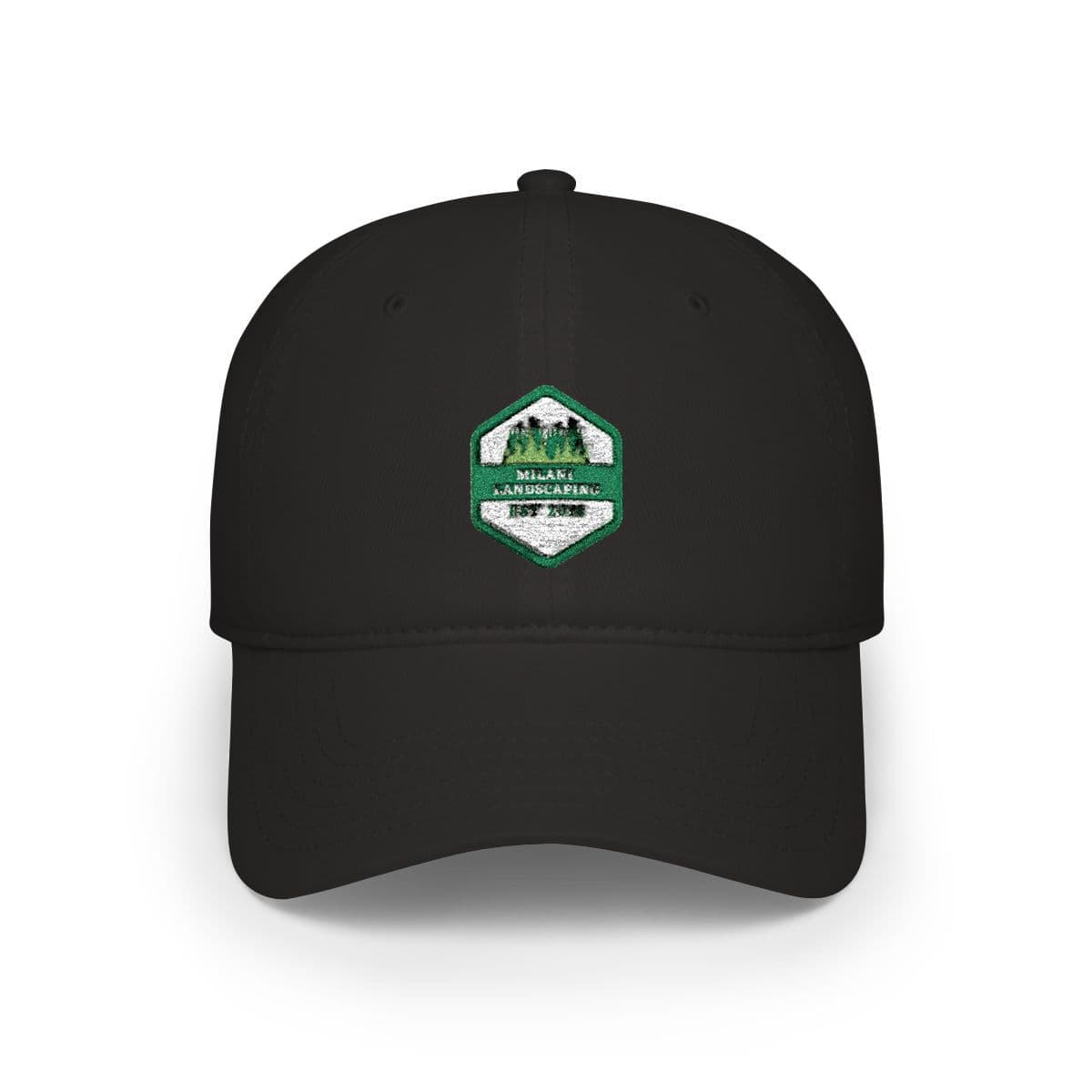 Black low-profile work cap embroidered with the Milani Landscaping heritage badge