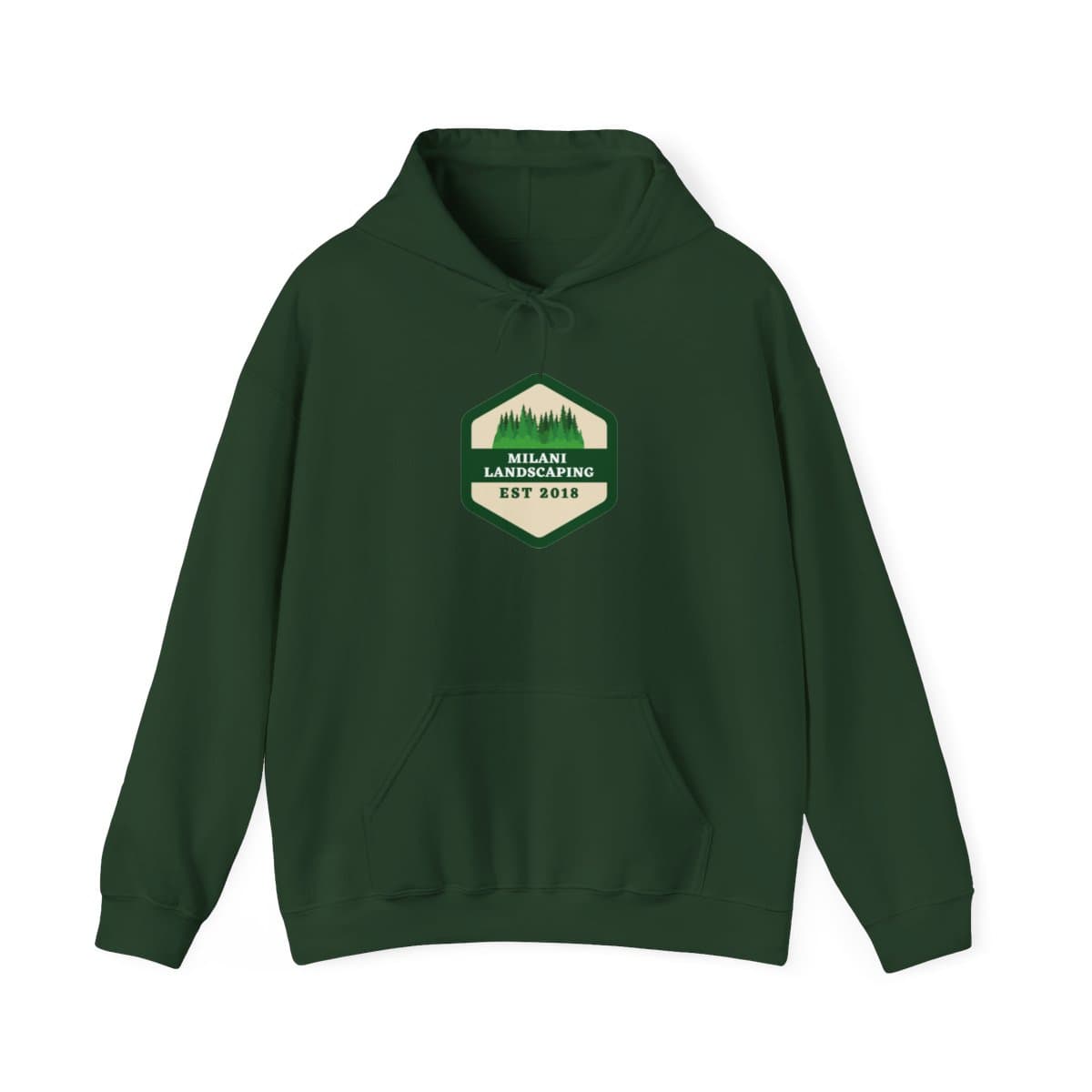 Forest green Gildan crew hoodie printed with the Milani Landscaping heritage badge