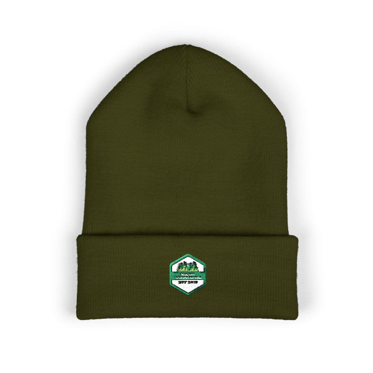 Olive cuffed beanie embroidered with the Milani Landscaping heritage badge