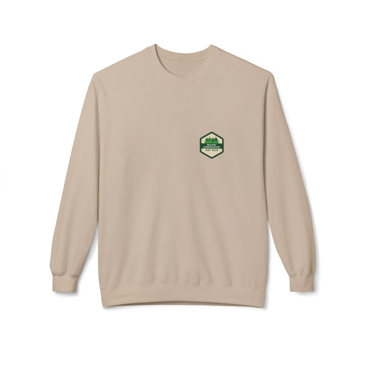 Sand-colored Milani Landscaping crewneck sweatshirt with an embroidered-style badge on the left chest