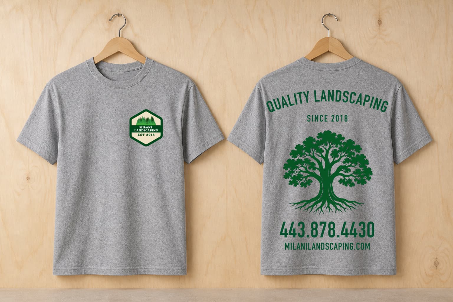 Front and back of a heather gray Milani Landscaping tee with a small chest badge and large tree service graphic